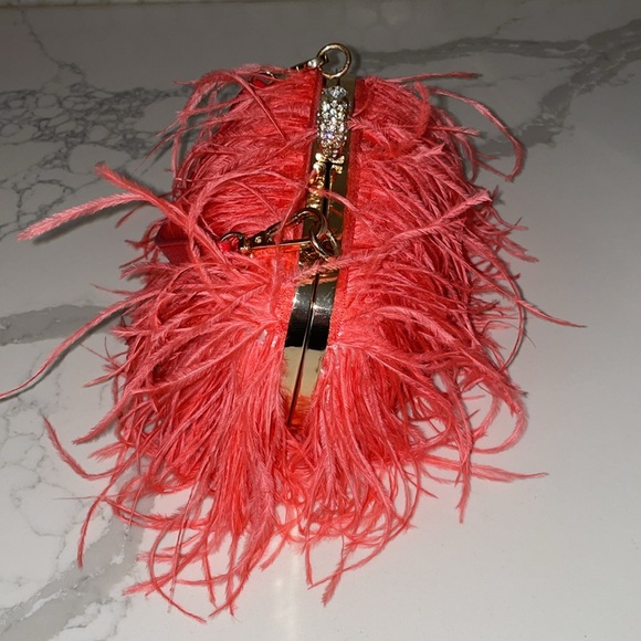 Ostrich Feather Clutch Purse Pink Coral Bag Evening Purse Wedding Dust Bag - Picture 5 of 15
